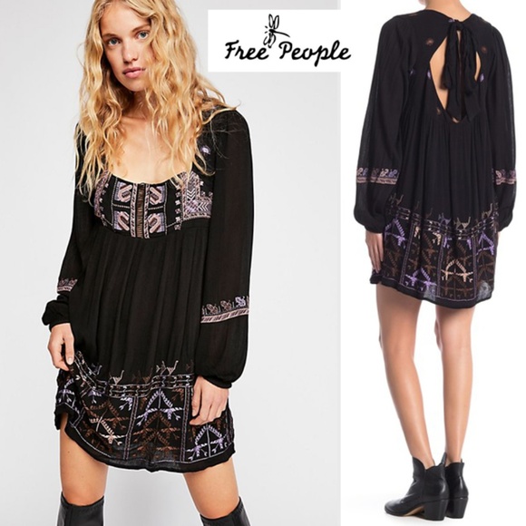 Free People Dresses & Skirts - Free People Embroidered Babydoll Dress Small Black